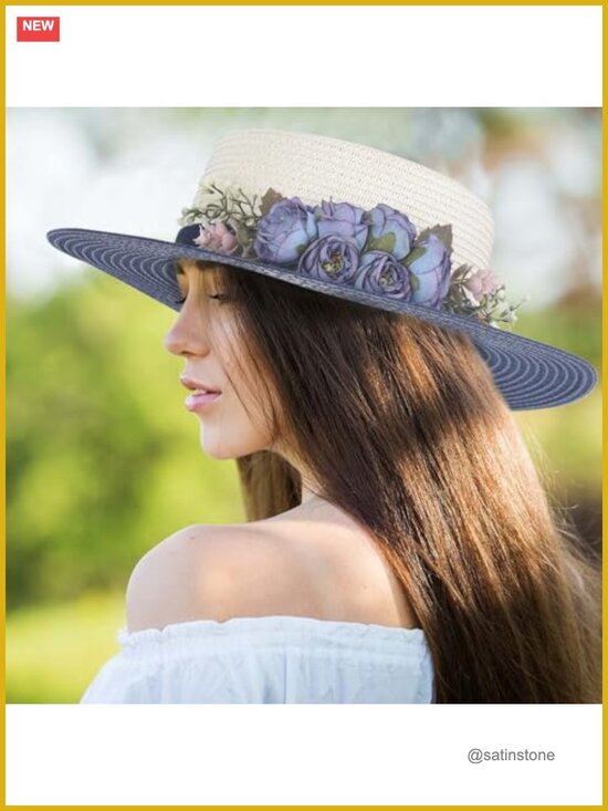 Handmade Wide Brim Sun Straw Hat with Flower - UV Protection, Foldable main image 5